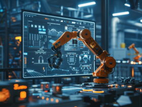 Orange robotic arm operating in front of a large monitor displaying charts and graphs in a high-tech lab.
