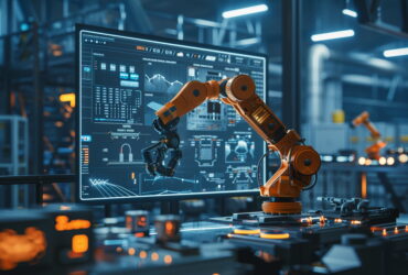 Orange robotic arm operating in front of a large monitor displaying charts and graphs in a high-tech lab.