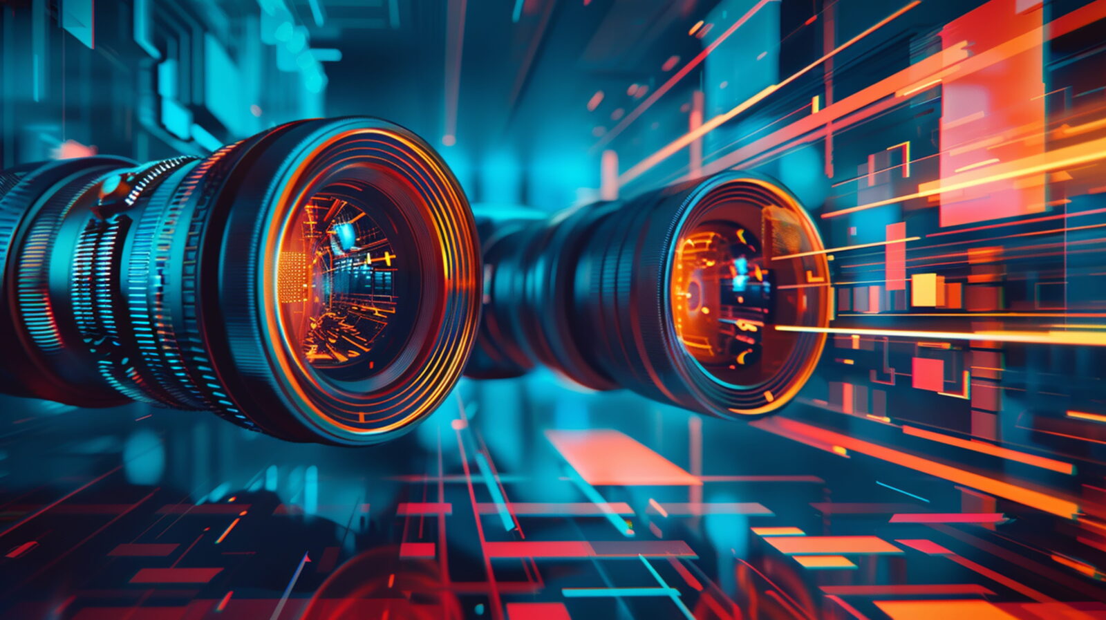 Two large futuristic camera lenses glowing in blue and orange inside a neon data-center-like scene, conveying high-tech imaging.