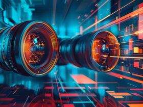 Two large futuristic camera lenses glowing in blue and orange inside a neon data-center-like scene, conveying high-tech imaging.