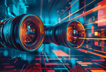 Two large futuristic camera lenses glowing in blue and orange inside a neon data-center-like scene, conveying high-tech imaging.