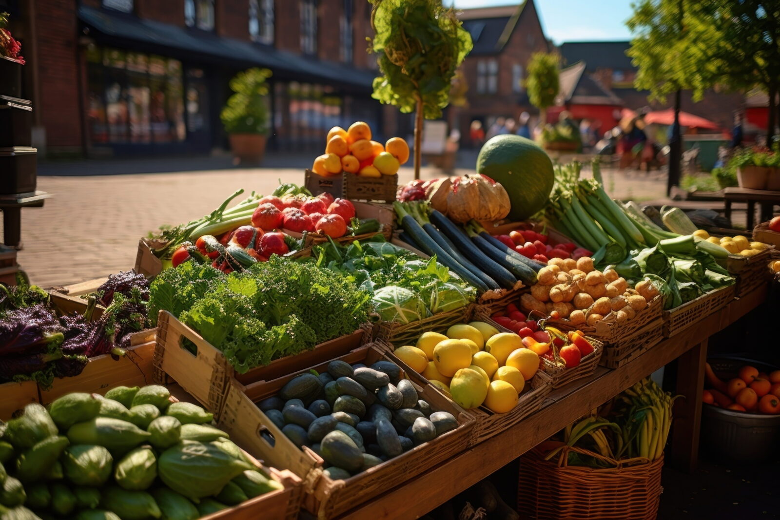 Outdoor market stall displaying a colorful array of fruits and vegetables in baskets and crates under sunny skies.