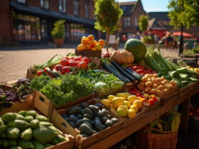 Outdoor market stall displaying a colorful array of fruits and vegetables in baskets and crates under sunny skies.