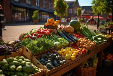 Outdoor market stall displaying a colorful array of fruits and vegetables in baskets and crates under sunny skies.