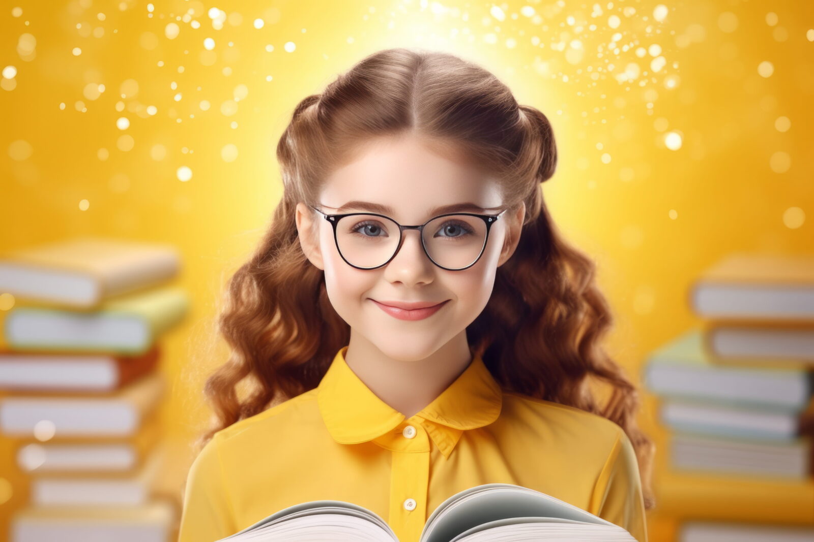 Young girl with black glasses in a yellow shirt reading a book in a bright classroom backdrop