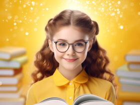 Young girl with black glasses in a yellow shirt reading a book in a bright classroom backdrop