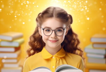 Young girl with black glasses in a yellow shirt reading a book in a bright classroom backdrop