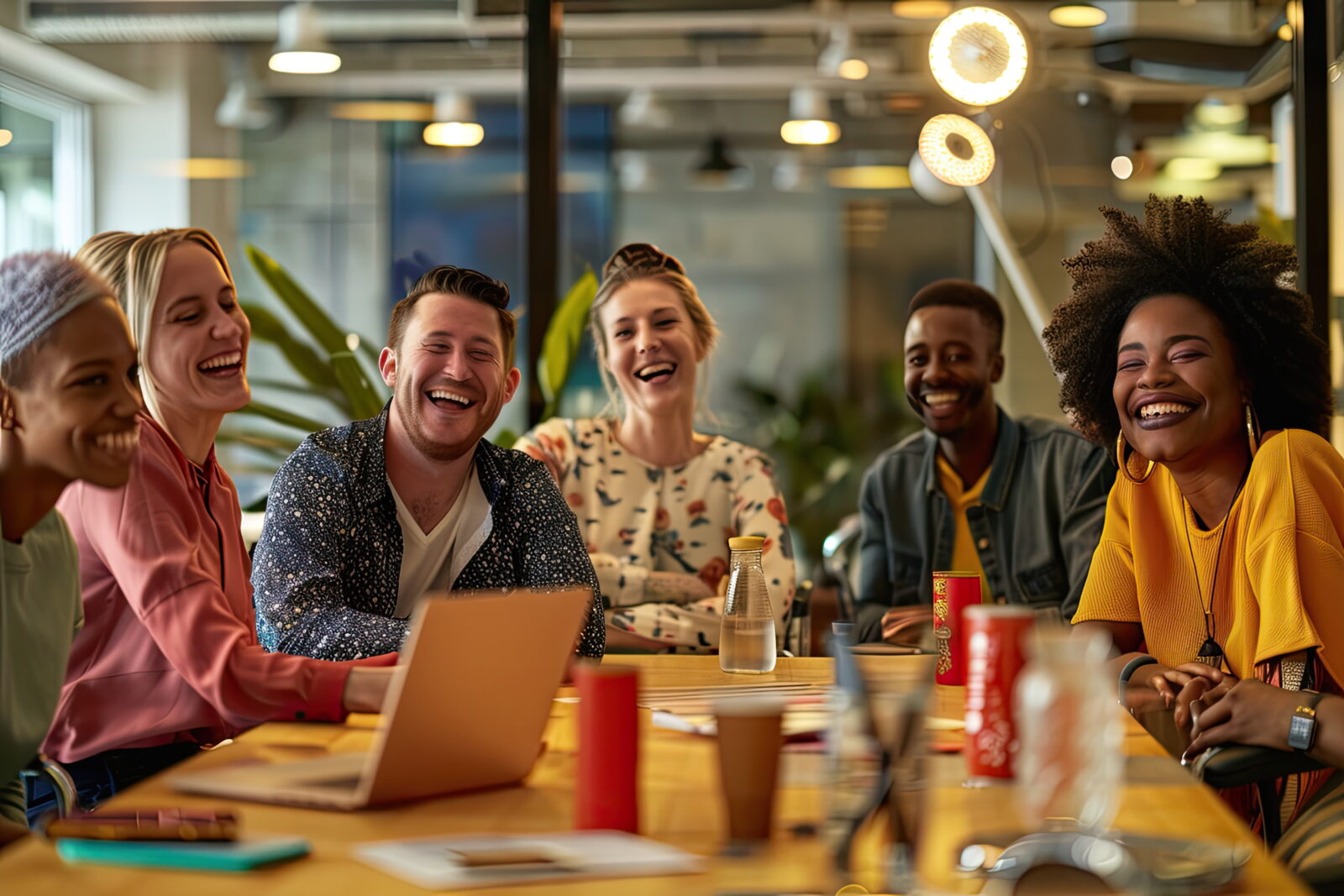 A diverse group of coworkers laughing together around a table in a bright office space, with drinks and laptops visible.