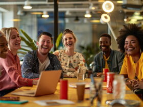 A diverse group of coworkers laughing together around a table in a bright office space, with drinks and laptops visible.