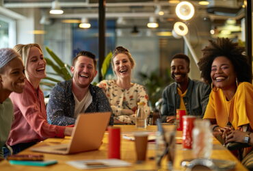 A diverse group of coworkers laughing together around a table in a bright office space, with drinks and laptops visible.