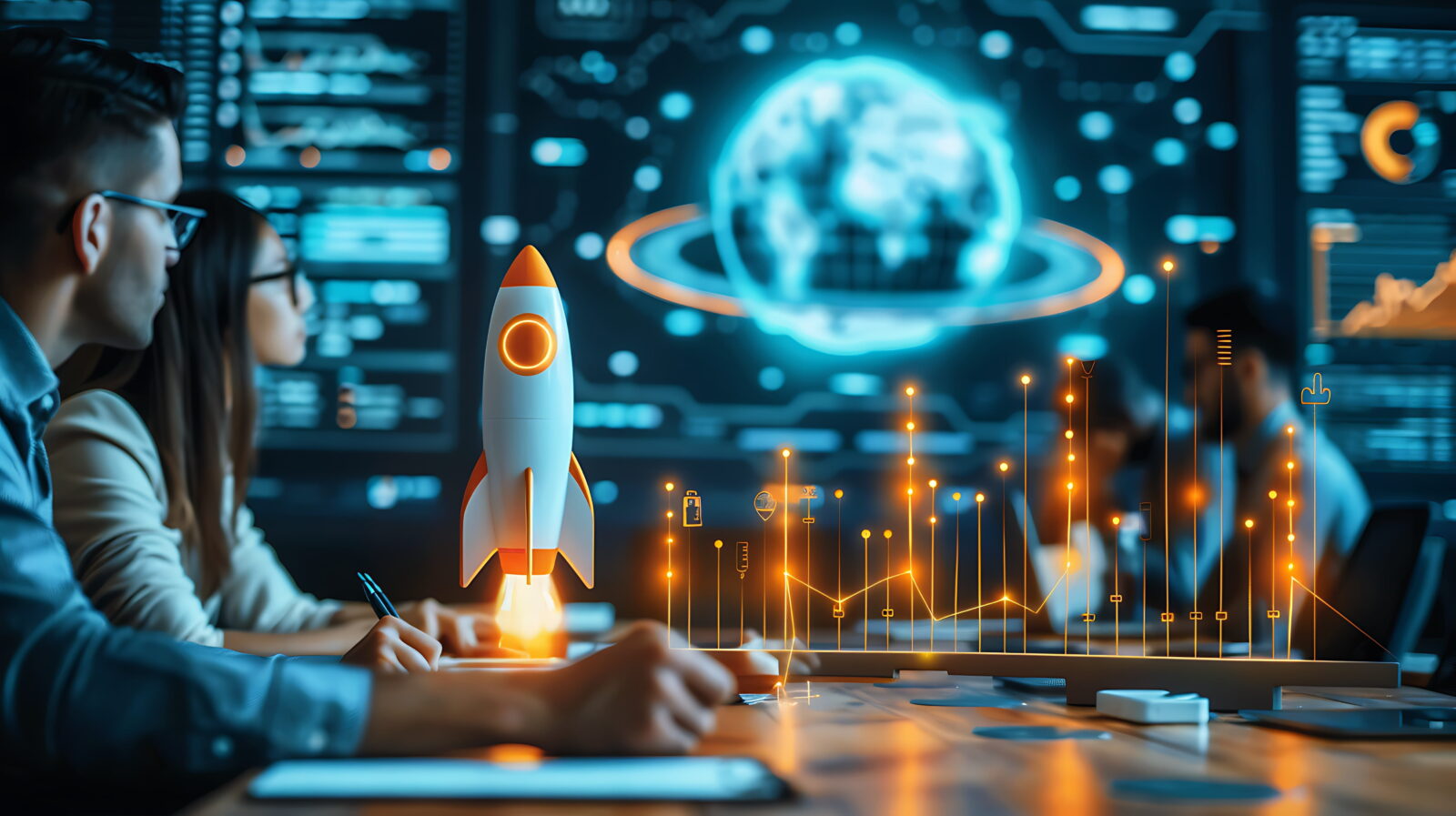 Team of researchers in a tech lab examining a model rocket with glowing holographic globe and data visuals in the background.