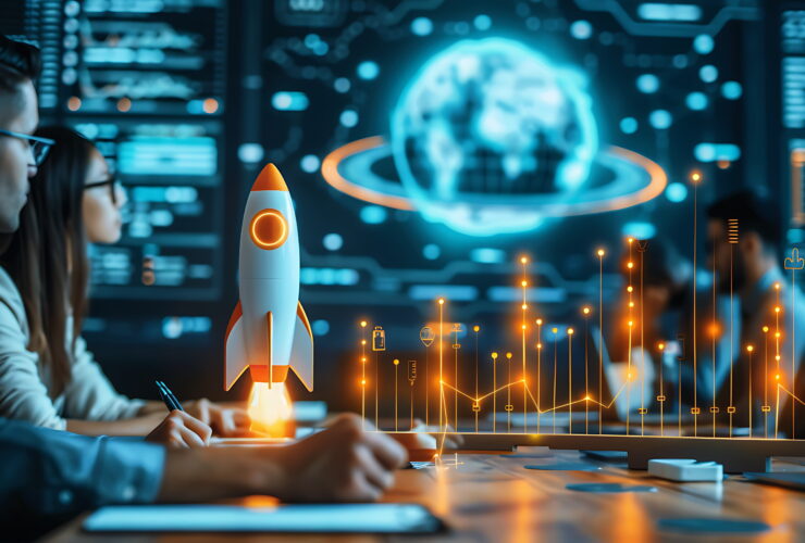 Team of researchers in a tech lab examining a model rocket with glowing holographic globe and data visuals in the background.