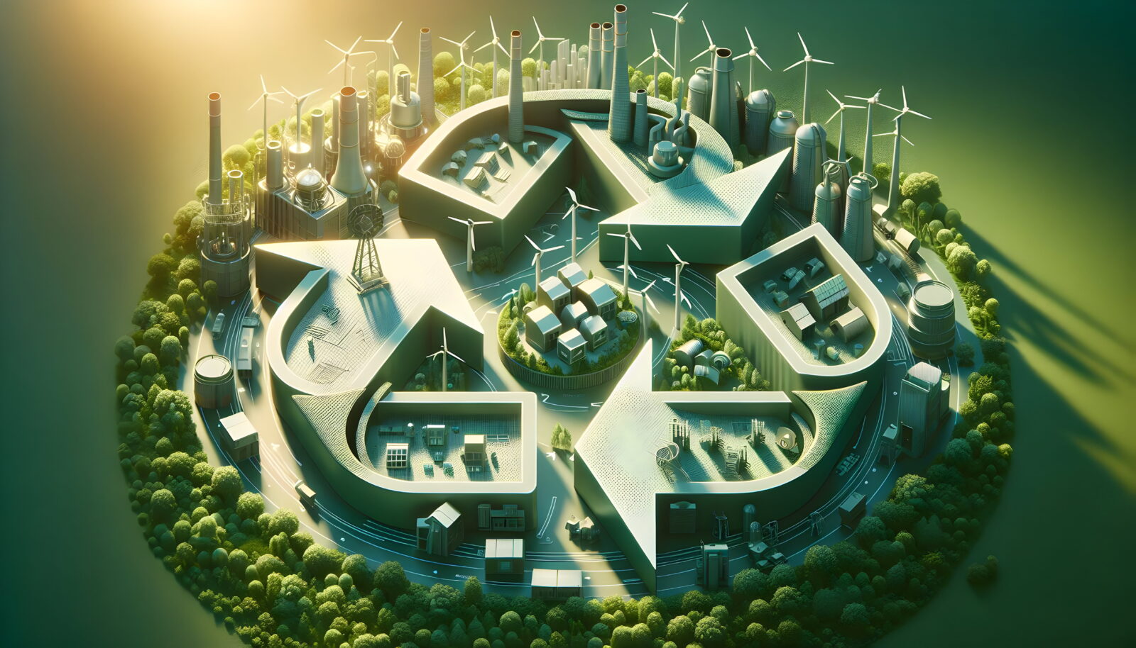 Circular green city model with wind turbines, factories, and parks surrounding a central roundabout.