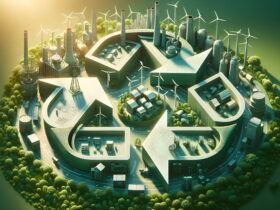 Circular green city model with wind turbines, factories, and parks surrounding a central roundabout.