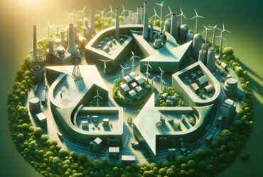 Circular green city model with wind turbines, factories, and parks surrounding a central roundabout.