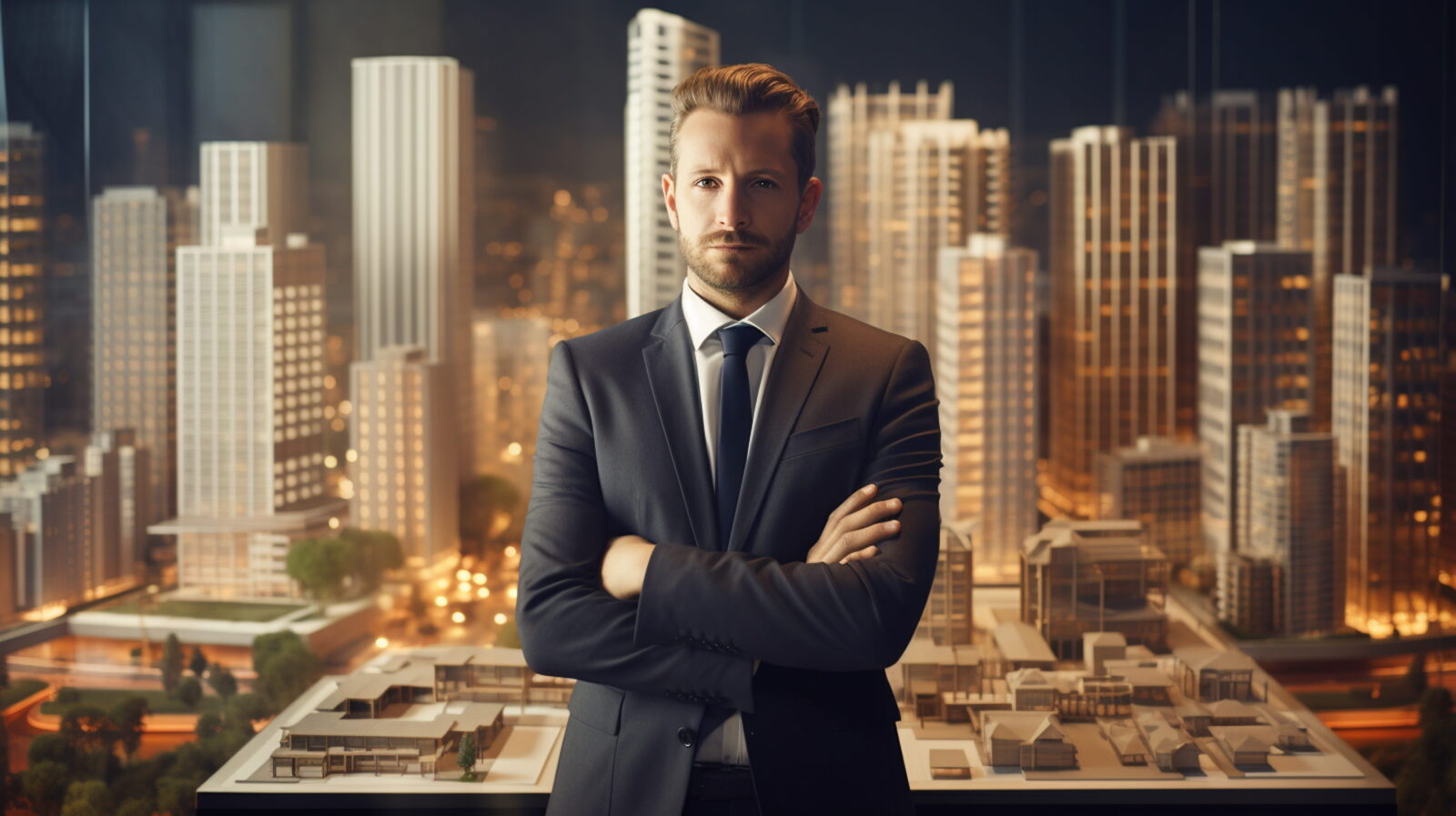 Professional man in a dark suit with arms crossed, standing before a lit city skyline through a window at nightRun.