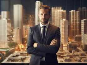 Professional man in a dark suit with arms crossed, standing before a lit city skyline through a window at nightRun.