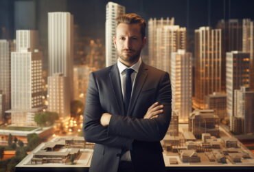 Professional man in a dark suit with arms crossed, standing before a lit city skyline through a window at nightRun.