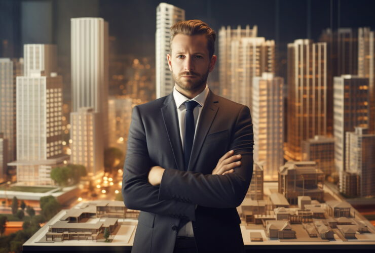 Professional man in a dark suit with arms crossed, standing before a lit city skyline through a window at nightRun.