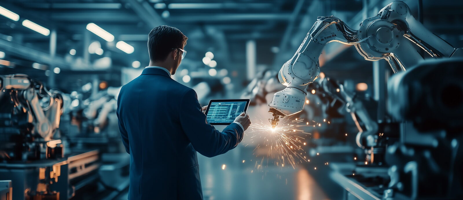 Engineer in a blue suit uses a tablet to monitor a robotic welding arm with sparks in a high-tech factory environment.
