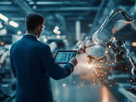 Engineer in a blue suit uses a tablet to monitor a robotic welding arm with sparks in a high-tech factory environment.
