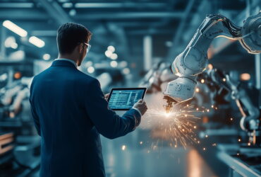 Engineer in a blue suit uses a tablet to monitor a robotic welding arm with sparks in a high-tech factory environment.