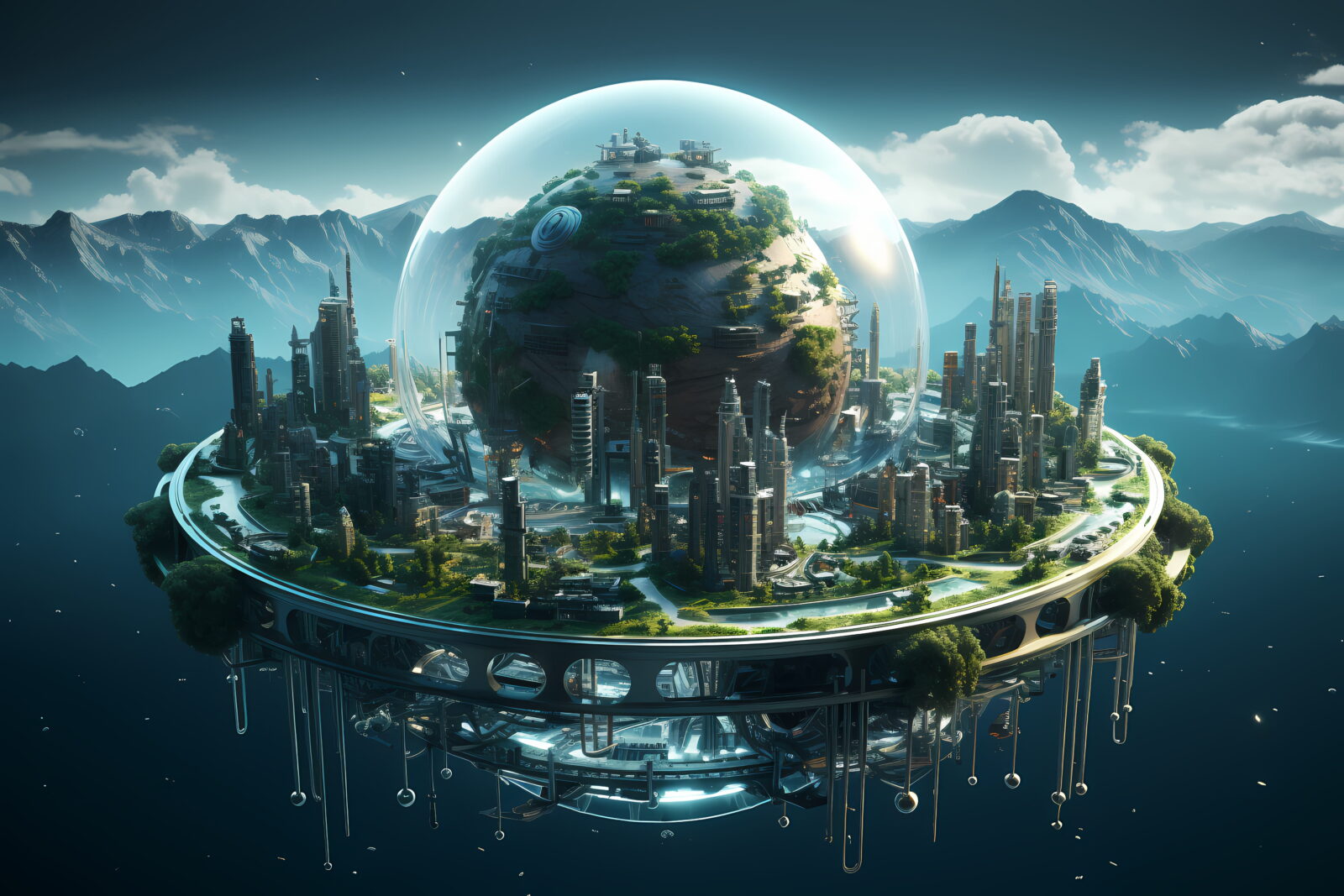 Futuristic city inside a glass dome on a circular ring, with mountains in the distance.