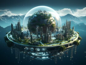 Futuristic city inside a glass dome on a circular ring, with mountains in the distance.