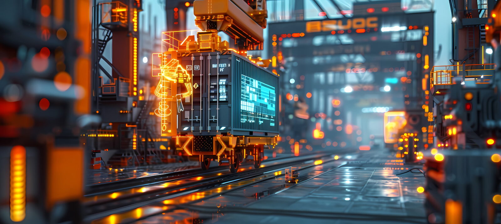 Futuristic freight container on an automated rail system, surrounded by glowing orange holographic schematics.