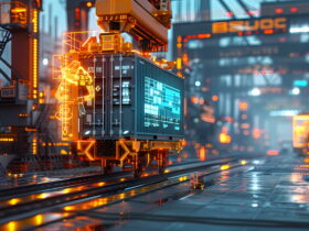 Futuristic freight container on an automated rail system, surrounded by glowing orange holographic schematics.