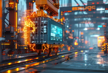 Futuristic freight container on an automated rail system, surrounded by glowing orange holographic schematics.
