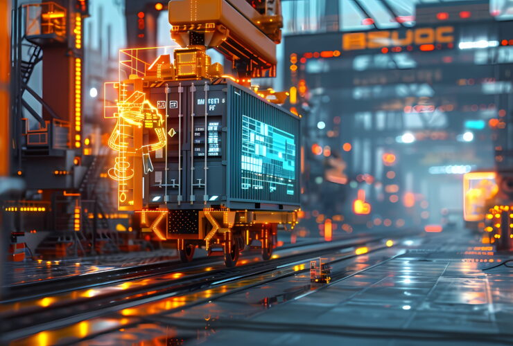 Futuristic freight container on an automated rail system, surrounded by glowing orange holographic schematics.