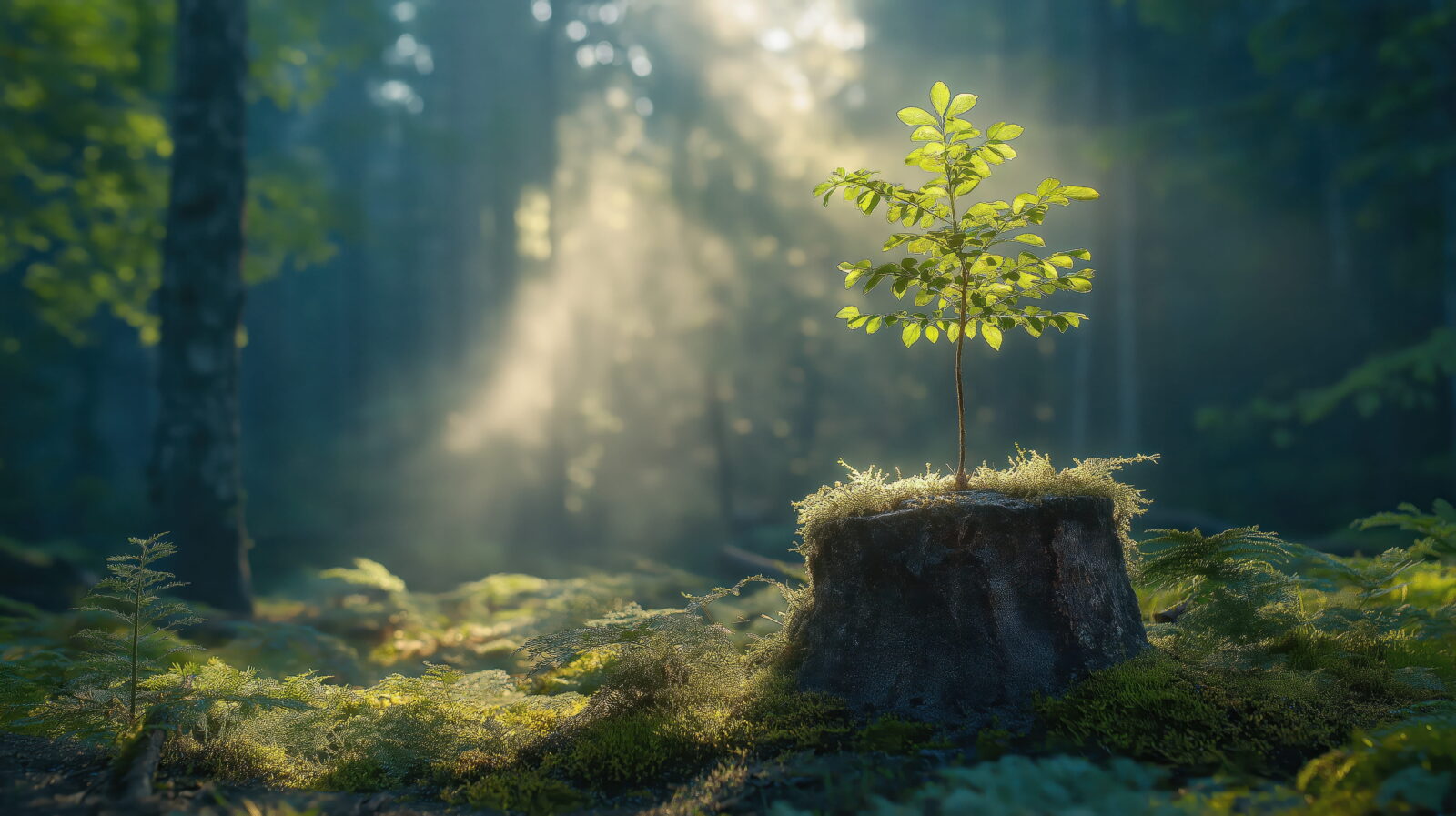 Young sapling grows from a tree stump in a sunlit forest clearing.