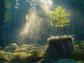 Young sapling grows from a tree stump in a sunlit forest clearing.