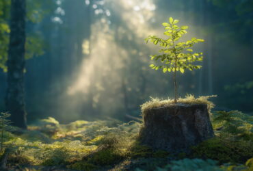 Young sapling grows from a tree stump in a sunlit forest clearing.