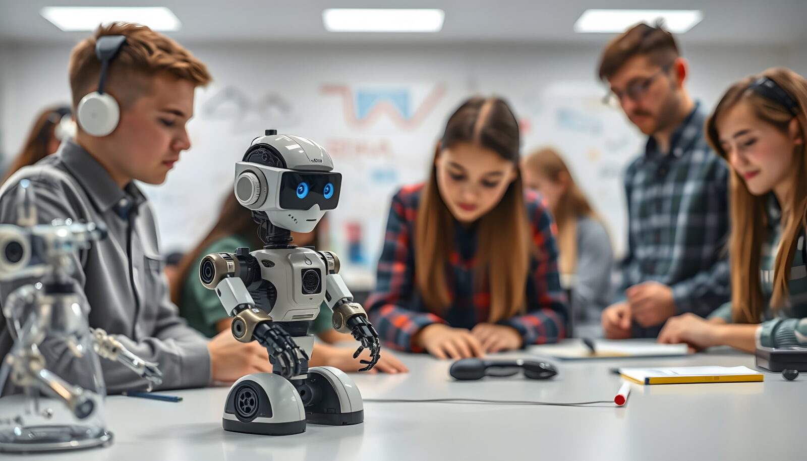 Robotic teen-sized robot on a lab table with students working and learning in a classroom robotics setting.