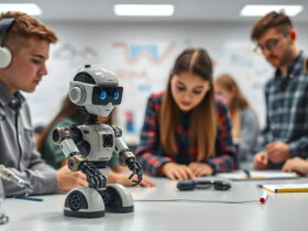 Robotic teen-sized robot on a lab table with students working and learning in a classroom robotics setting.