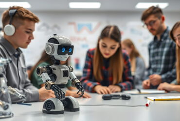 Robotic teen-sized robot on a lab table with students working and learning in a classroom robotics setting.