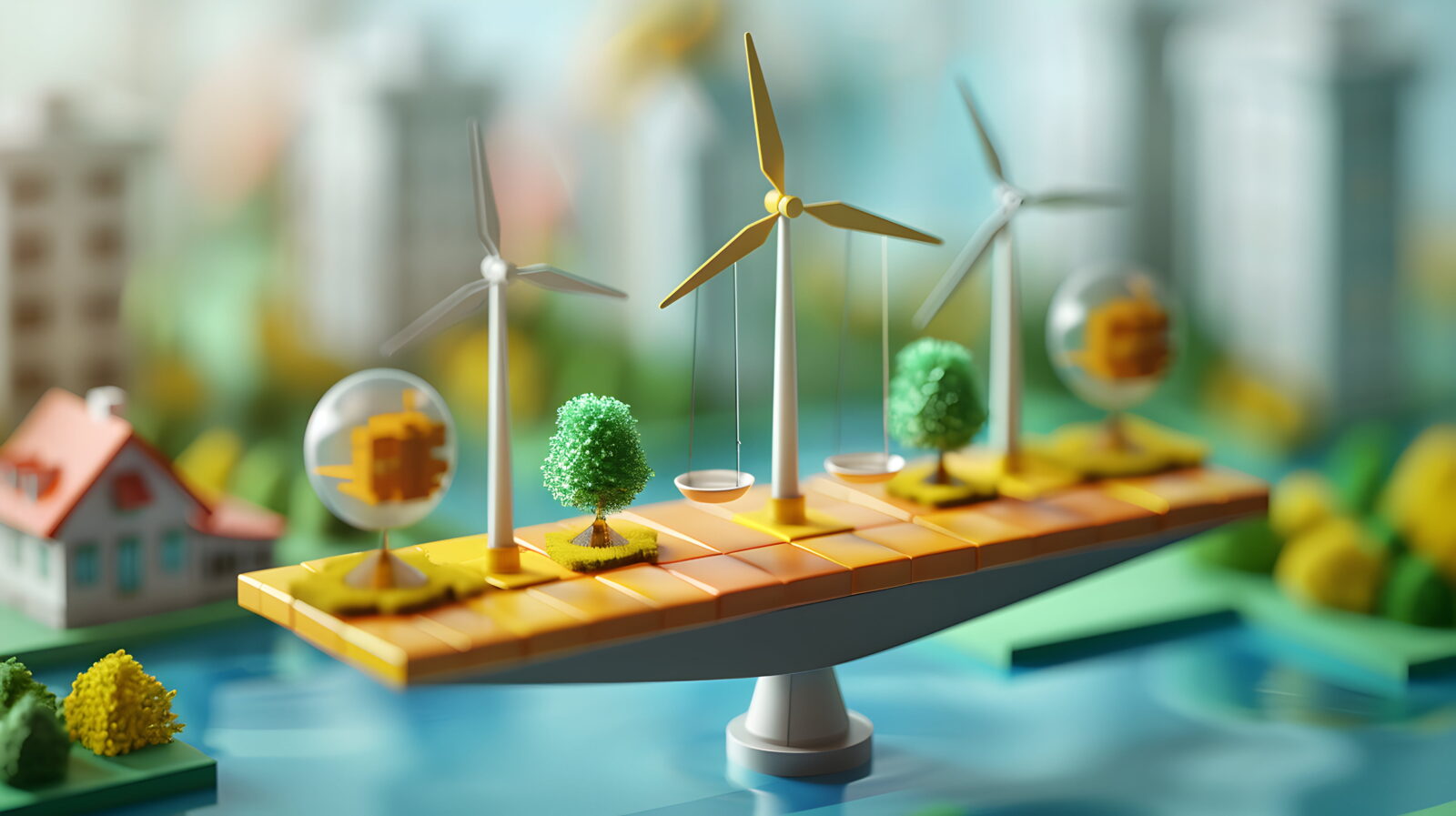 Miniature wind turbines and trees on a yellow platform with a city backdrop, illustrating sustainable energy balance.