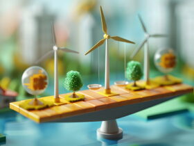Miniature wind turbines and trees on a yellow platform with a city backdrop, illustrating sustainable energy balance.