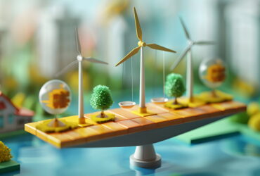 Miniature wind turbines and trees on a yellow platform with a city backdrop, illustrating sustainable energy balance.