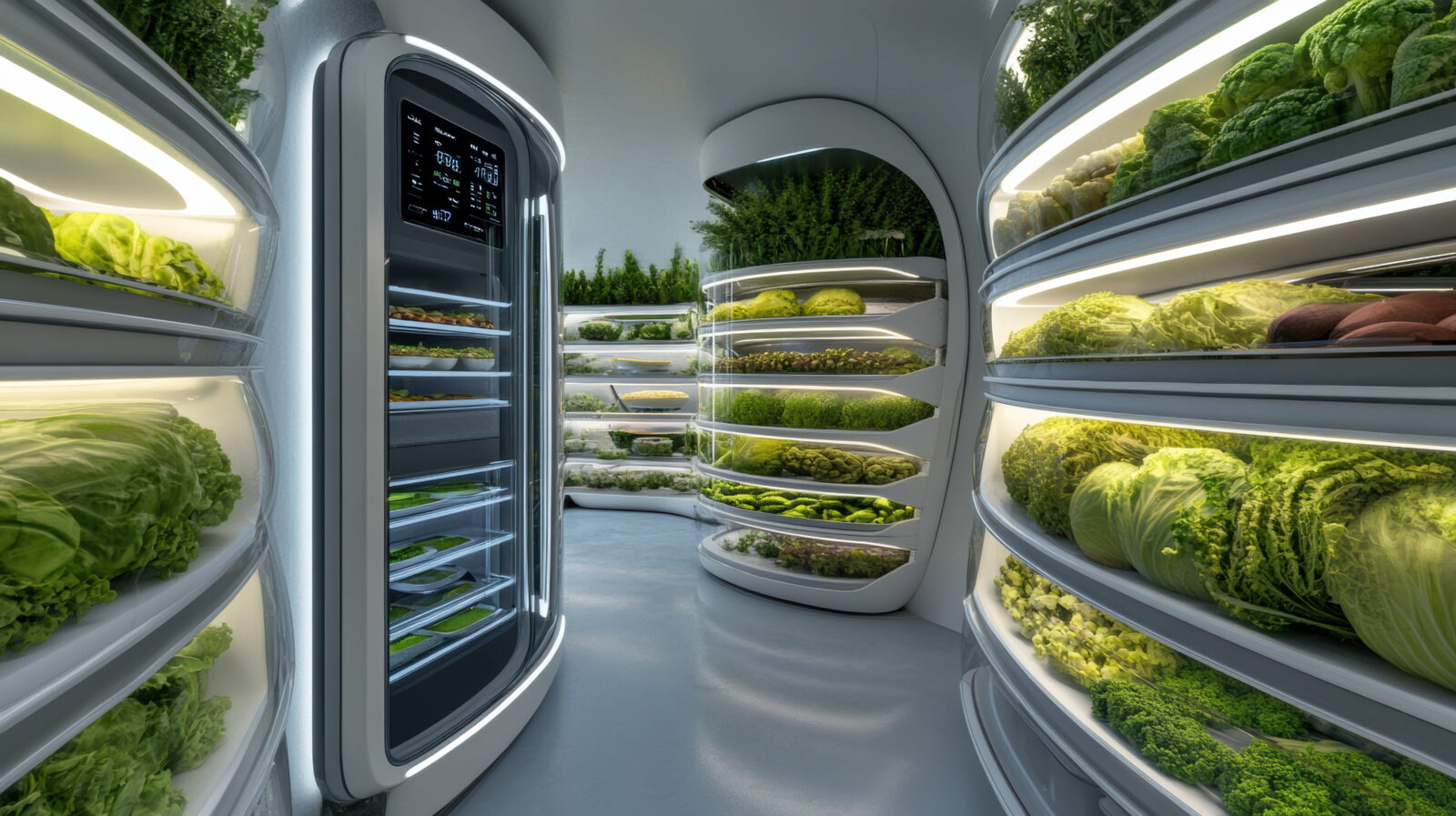 Futuristic walk-in fridge with curved glass shelves stocked with fresh greens such as lettuce and kale.
