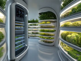 Futuristic walk-in fridge with curved glass shelves stocked with fresh greens such as lettuce and kale.