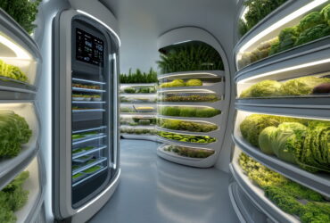 Futuristic walk-in fridge with curved glass shelves stocked with fresh greens such as lettuce and kale.