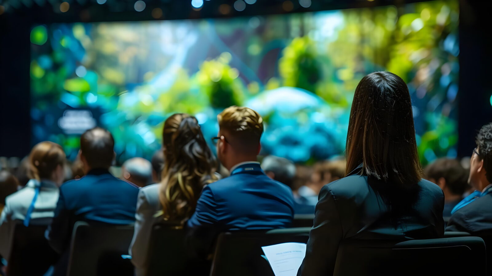 Group of people seated in a dark room, facing a large, colorful aquarium-themed display on a bright screen at a conference show floor (back view).