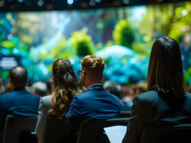 Group of people seated in a dark room, facing a large, colorful aquarium-themed display on a bright screen at a conference show floor (back view).