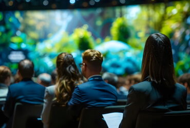 Group of people seated in a dark room, facing a large, colorful aquarium-themed display on a bright screen at a conference show floor (back view).