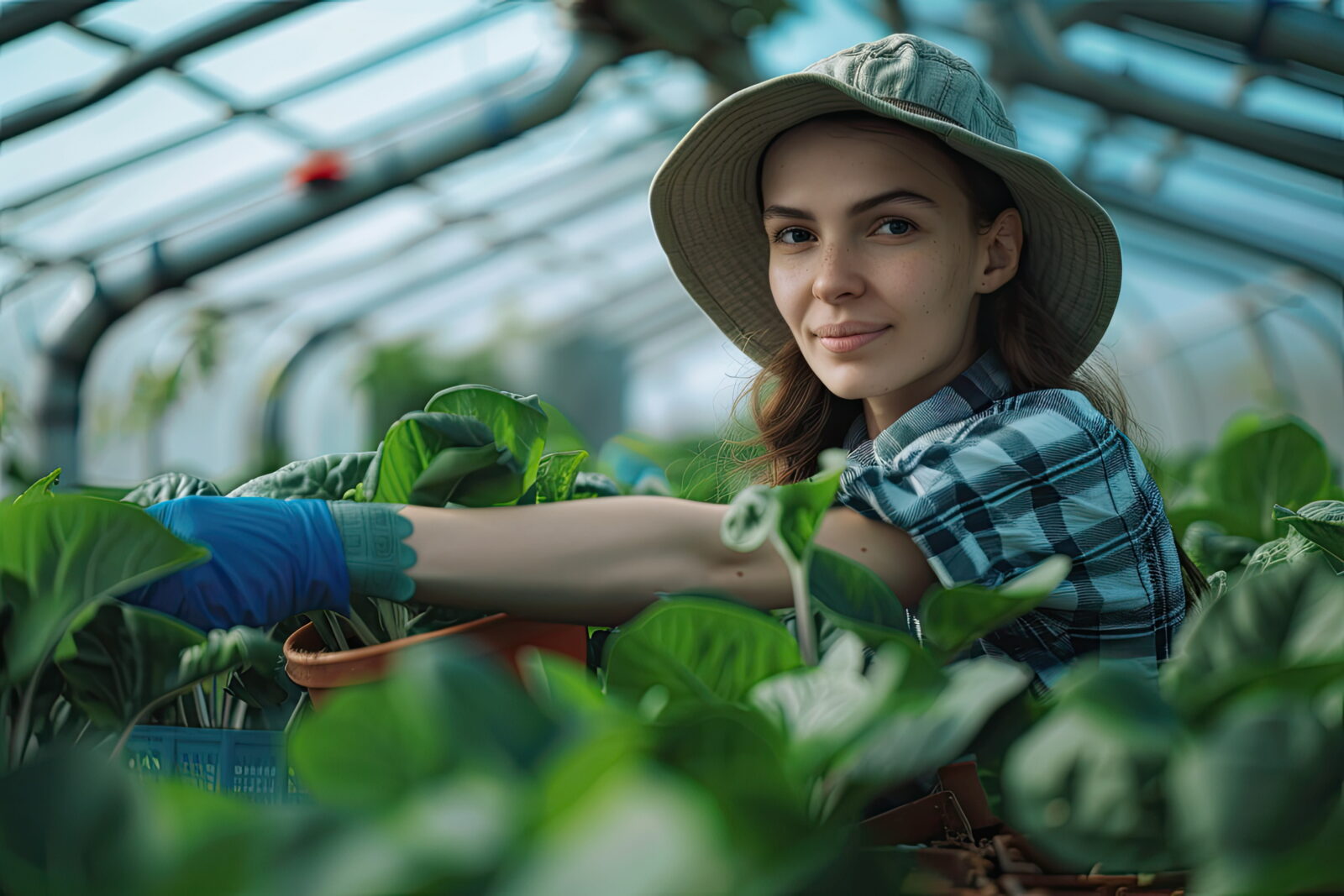 Woman wearing a wide-brimmed hat and blue gloves tending leafy plants in a greenhouse.