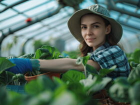 Woman wearing a wide-brimmed hat and blue gloves tending leafy plants in a greenhouse.