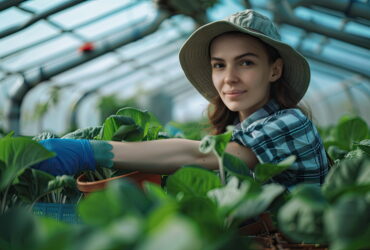 Woman wearing a wide-brimmed hat and blue gloves tending leafy plants in a greenhouse.